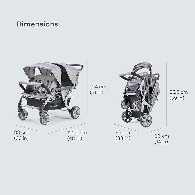 Familidoo H4E Quad Stroller Wagon for Kids, 4-Seater Daycare Baby Stroller with 5-Point Safety Harness, Lightweight & Foldable with All Reclining Seats, Double Canopy & Rain Cover (Gray)