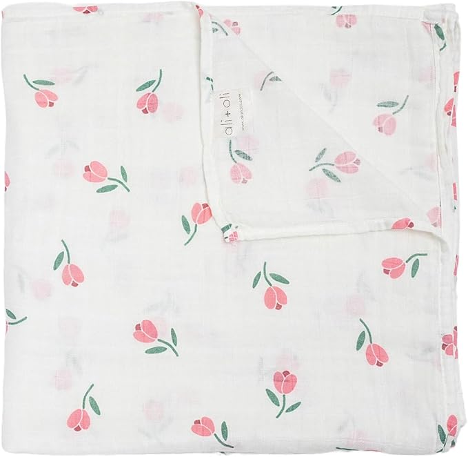 Ali+Oli Muslin Swaddle Blanket for Baby (Tulip) Large 47" x 47" Soft Rayon Made from Bamboo & Organic Cotton, Machine Washable Receiving Blanket Wrap for Newborn to Toddler