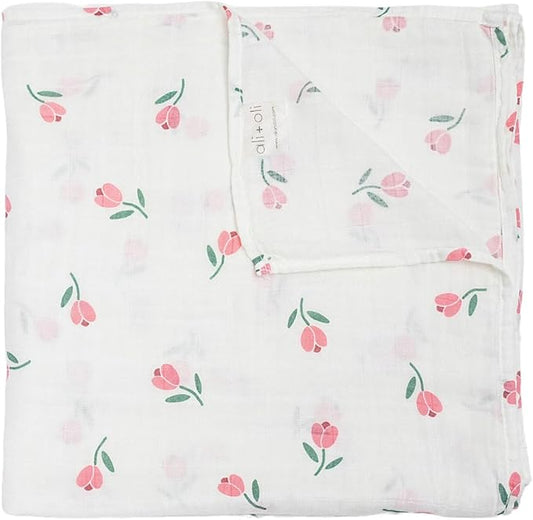 Ali+Oli Muslin Swaddle Blanket for Baby (Tulip) Large 47" x 47" Soft Rayon Made from Bamboo & Organic Cotton, Machine Washable Receiving Blanket Wrap for Newborn to Toddler
