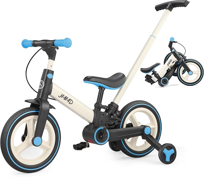JMMD 6 in 1 Toddler Bike with Push Handle for Kids 18-60 Months, 12" Foldable Balance Bike with Training Wheels, Pedals, Brakes, Kickstand, Push Tricycle Toddler Gift & Toys for Boy & Girl