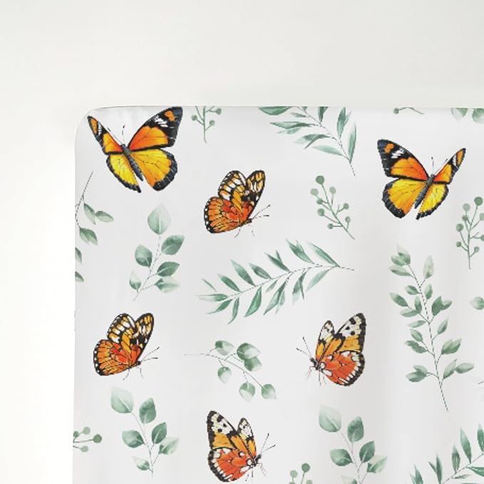 Butterflies Green Leaves Baby Crib Sheets for Boy Girl 52x28Inch Spring Garden Soft Stretchy Fitted Crib Mattress Cover Boho Greenery Nursery Baby Sheet for Crib & Toddler Bed Mattresses