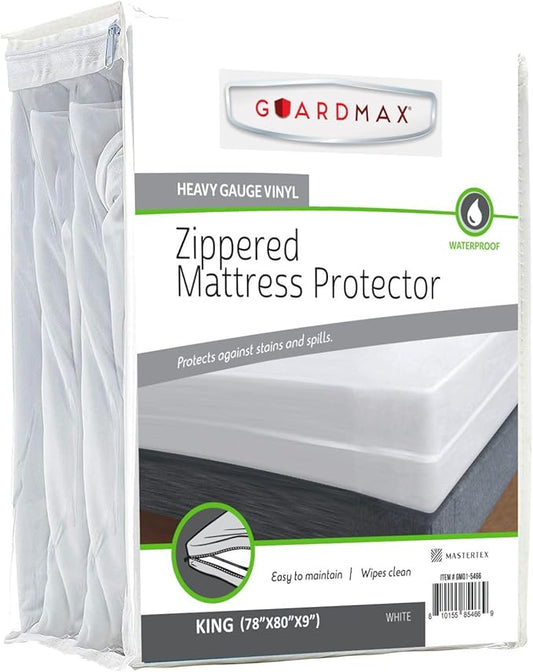 Guardmax Heavy Duty Vinyl King Zippered Mattress Encasement - Waterproof & Breathable Mattress Protector - Comfortable, Soft, and Noiseless Zippered Bedding - Dust Mite Proof (78 x 80 x9)