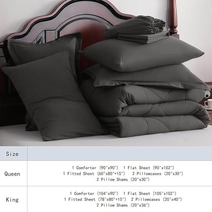 NTBAY King Comforter Set with Sheets, 7 Pieces Soft and Breathable King Bedding Set, Bed in a Bag, Down Alternative Comforter Set Solid Color All Season, King Bedding Set, Dark Grey