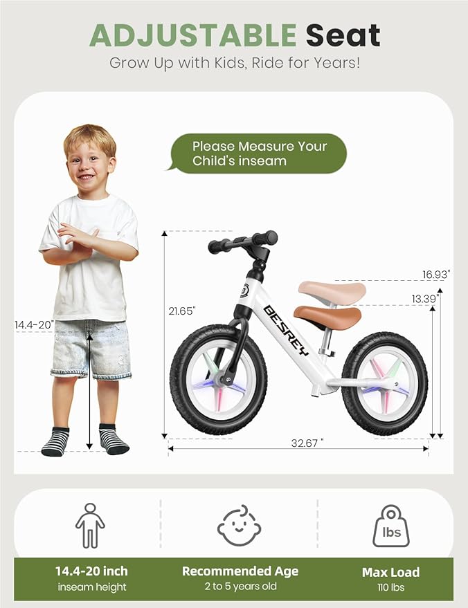 besrey Toddler Balance Bike 2 Year Old, All-Metal Frame | 12" Motion-Activated Lighting Wheels | All-Terrain | Kids Bike with Padded Adjustable Seat | Gift Bike for Boys Girls 2 3 4 5 Years Old