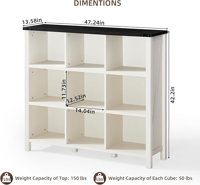 Joaxswe 9 Cube Bookcase, Farmhouse 47 Inch Wide White Bookshelf, Wooden 3 Tier Display Large Open Book Shelf, Vintage Horizontal Book Case for Home Office, Cubby Storage Cabinet for Living Room