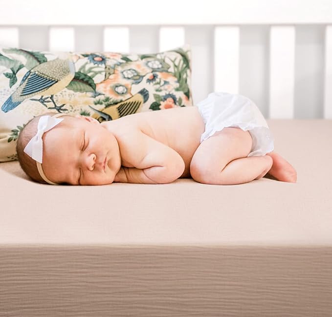 GRSSDER Soft Muslin Crib Sheet 2 Pack, 100% Cotton Crib Sheets for Boys and Girls, Fit Standard Crib Mattresses 52" x 28" Safe and Snug, Natural/Taupe
