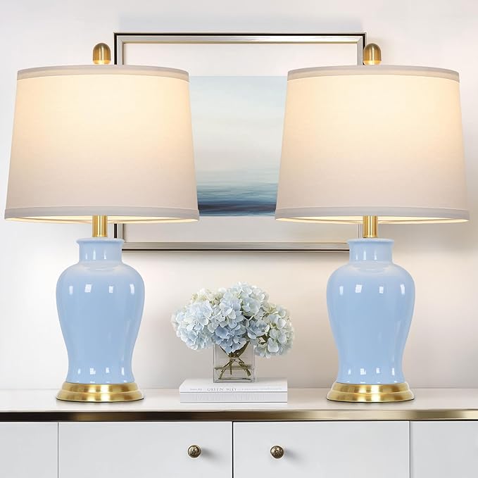 luxeflow Blue Ceramic Table Lamps Set of 2, 23" Coastal Ceramic Lamps with Ginger Jar Design, Modern Bedside Lamp for Living Room End Table, Elegant Bedroom Lamp for Nightstand Desk Side Home Decor
