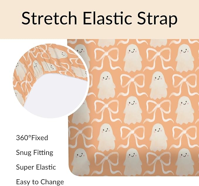 Halloween Spooky Orange Bows Baby Crib Sheets Cute Pastel Bows Soft Crib Sheet Spooky Season Fitted Crib Mattress Cover for Standard Crib and Toddler Mattresses 52"x28"