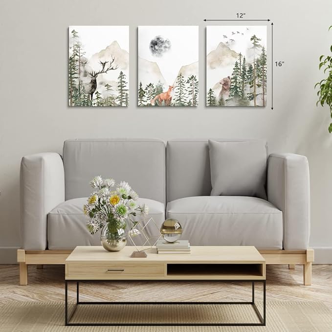 Nursery Wall Decor Wild Woodland Animals Art Poster Foggy Forest Wall Art Adventure Nursery Decor Mountain Wall Art Beige Green Prints for Boy's Room Girl's Room Toddler, Framed Canvas Set 3, 16"x24"