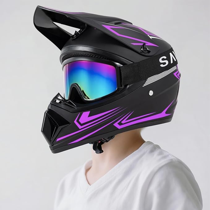 Youth Kids Dirt Bike Motocross Helmet (Goggles Gloves Face Mask) 4PCS Set, DOT Approved Girls Full Face Motorcycle Helmets, ATV BMX MX Mountain Bike Off Road Kid Helmet (Purple, L)