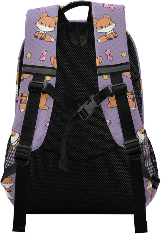 MNSRUU School Backpack with Chest Strap, Cute Cartoon Fox Laptop Backpack, Travel Hiking Backpack for Boys Girls, Rucksack, Knapsack