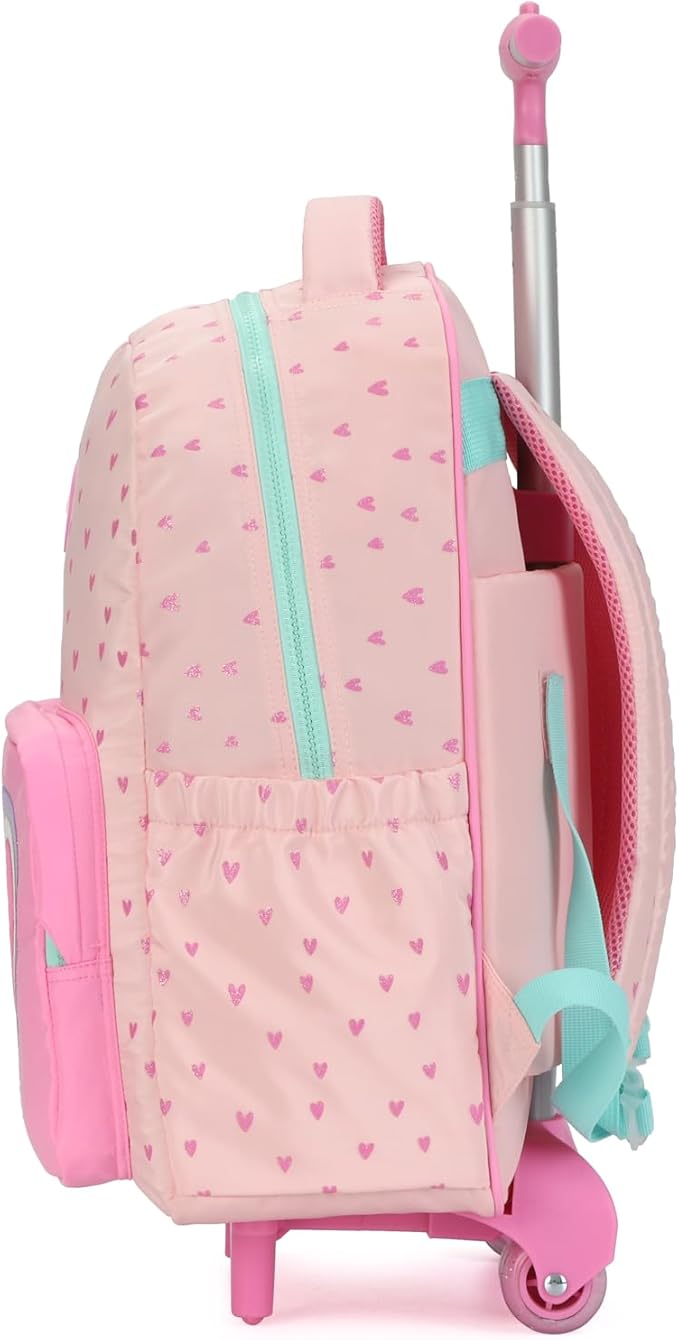kingdisen Wheels Rolling Kids Backpack for Elementary Luggage School Trolley Bag with Lunch Box 3pc Set (HEART PINK)