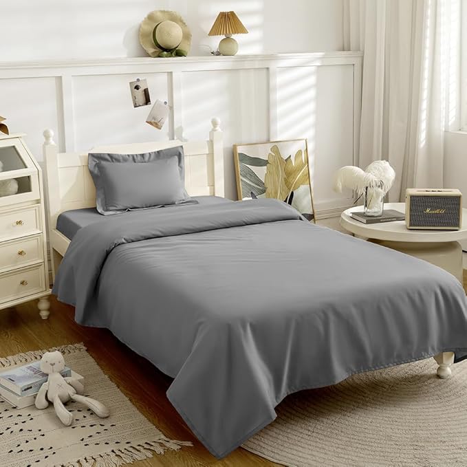 3 Piece Toddler Sheet Set,Dark Grey Basics Bed Sheet Set for Toddler,Microfiber 3-Piece Sheet Set Soft Breathable Crib Bedding Set for Kids,Includes Flat Sheet, Fitted Sheet, Pillowcase