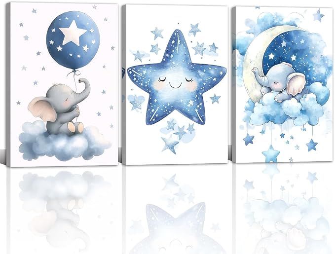 Nursery Canvas Wall Art Elephant Pictures Wall Decor Moon and Stars Painting Baby Boy Prints Cute Animal Poster Artwork for Kids Room Bathroom Decor Framed(Baby-1,11L x 14W x 3Pcs)