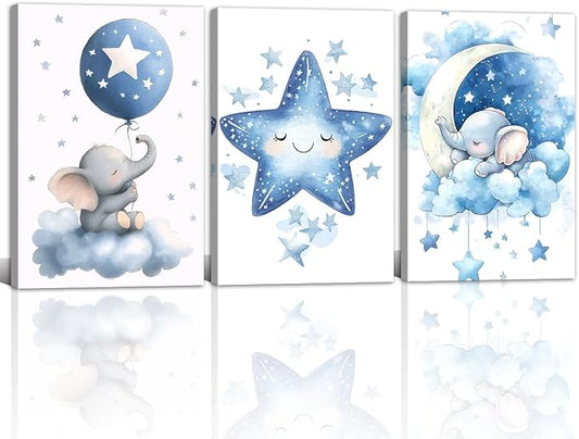Nursery Canvas Wall Art Elephant Pictures Wall Decor Moon and Stars Painting Baby Boy Prints Cute Animal Poster Artwork for Kids Room Bathroom Decor Framed(Baby-1,11L x 14W x 3Pcs)
