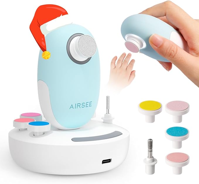 AIRSEE Premium Newborn Gift, Electric Baby Nail File, Cordless Safe Nail Trimmer for Infant, 6 Replacement Heads with Magnetic Storage Case, 360° Light, Baby Clipper, Christmas, Light Blue