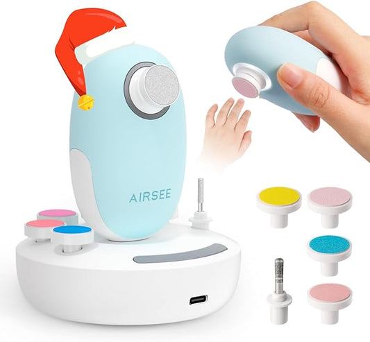 AIRSEE Premium Newborn Gift, Electric Baby Nail File, Cordless Safe Nail Trimmer for Infant, 6 Replacement Heads with Magnetic Storage Case, 360° Light, Baby Clipper, Christmas, Light Blue