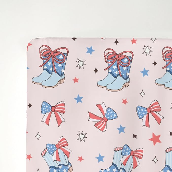 Pink July 4th Cowgirls Baby Crib Sheets for Girl 52x28Inch Western Cowboy Boots American Flag Bows Stars Soft Snug Fitted Crib Mattress Cover Patriotic Baby Sheet for Standard Crib & Toddler Mattress