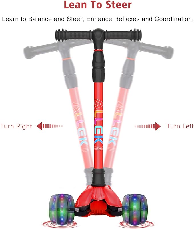 Allek Kick Scooter B02, Lean 'N Glide Scooter with Extra Wide PU Light-Up Wheels and 4 Adjustable Heights for Children from 3-12yrs (Red)