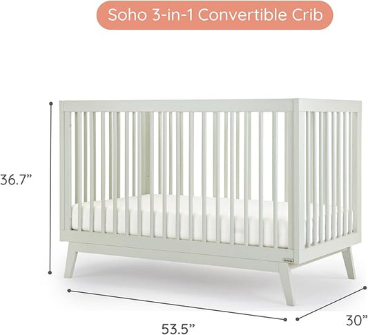 dadada Baby Soho 3-in-1 Convertible Wooden Crib to Toddler Bed - Made in Italy, GREENGUARD Gold Certified, Baby-Safe Finish, Handcrafted Beechwood, Modern Design, 3 Adjustable Heights (Sage)