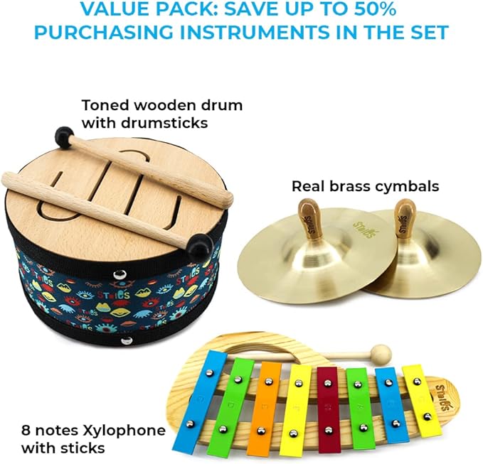 Stoie’s Percussion Toddler Musical Instruments, Montessori Wooden Set of Musical Instruments for Kids Ages 3-5, 5-9, 9-12- Baby Musical Toys with Baby Xylophone, Kids Mini Band Musical Instruments