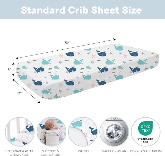 Little Grape Land Crib Sheets Baby Toddler Sheets 4 Pack Fitted for Boys Girls, Standard Size 28x52‘’ Crib Mattress, Super Soft Breathable Washable Microfiber (Whale/Shell Blue/Ocean/Navy)