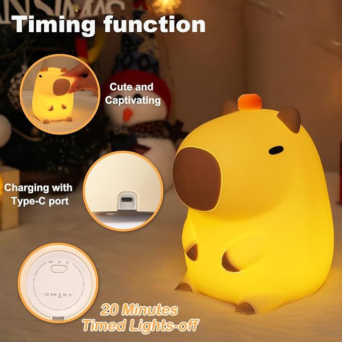 KangTen CHEN Capybara Kids Night Light, Portable USB Rechargeable Animal Light Touch Control Light, Silicone Night Light with Timer Function, Christmas Gift for Kids