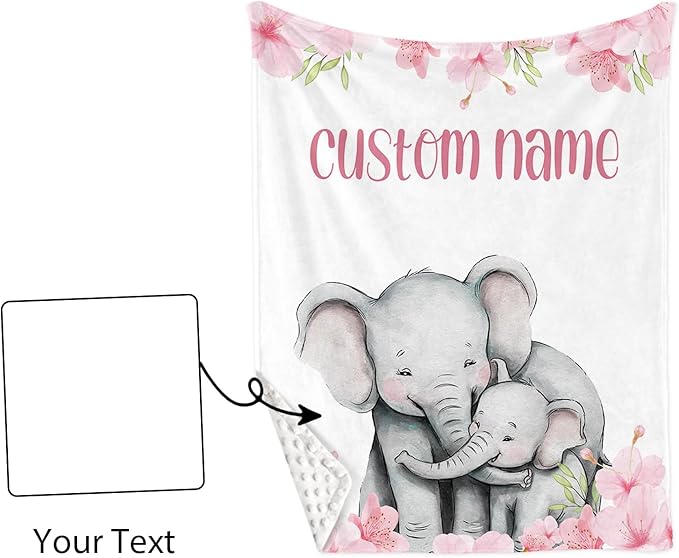 Custom Name Crib Bedding Set 3-Piece – Pink Flower Elephant Design Baby Bedding Set with Personalized Soft Blanket, Fitted Sheet, Changing Pad Cover – Ideal Newborn Gift for Boys and Girls