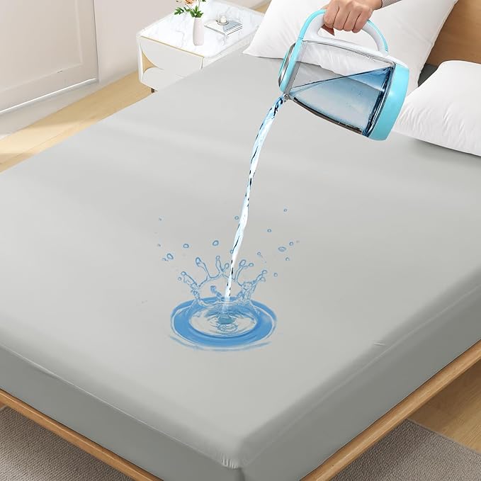 California King Waterproof Mattress Protector - Noiseless, Breathable, Machine Washable Fitted Mattress Cover with Deep Pocket up to 5”-21”（Light Grey）