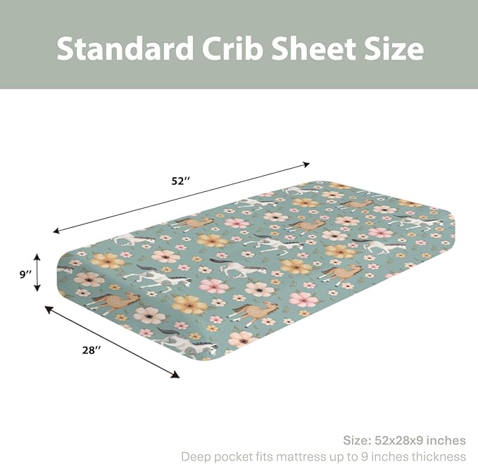 Watercolor Horse Floral Baby Crib Sheets for Boy Girl 52"x28" Running Horses Boho Flowers Soft Snug Fitted Crib Mattress Cover Wild Animals Baby Sheet for Standard Crib & Toddler Bed Mattress Green