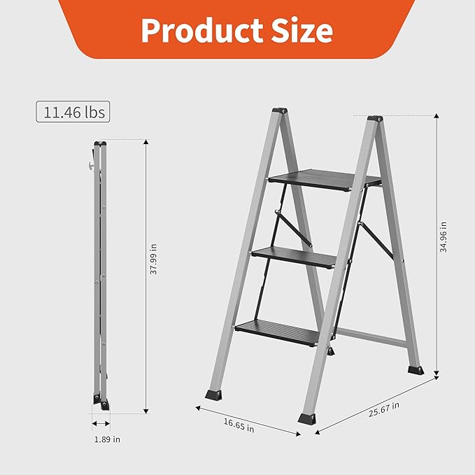 DiamondForge 3 Step Ladder,800 lbs Capacity Aluminum Ladder, Folding Step Stool for Adults, Anti-Slip Sturdy and Wide Pedal, Lightweight and Portable Stepladder for Home,Office, Kitchen