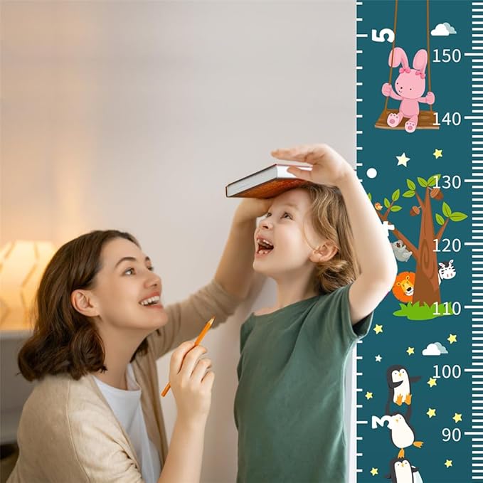 Baby Height Growth Chart - Canvas Height Chart for Kids Baby Child Toddler Boys Girls Growth Chart for Wall Room Nursery Decor Hangable and Removable Measuring Wall Ruler (Moon Rabbit, Black Wood)