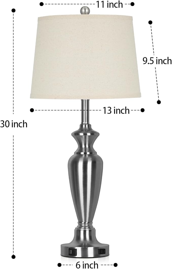 Cinyirong 30" Tall Silver Table Lamps Set of 2 for Living Room, 3-Way Dimmable Touch Control Bedside Lamps for Bedroom Nightstand with USB A+C Ports & AC Outlet (2 LED Bulbs Included)