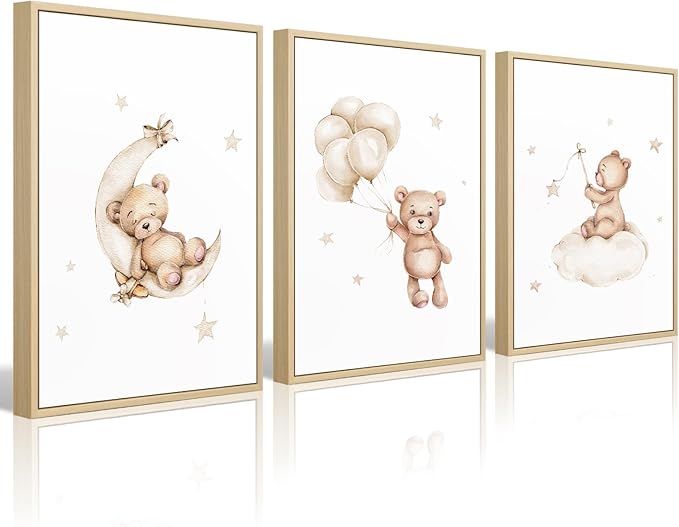 Baccone Bear Nursery Wall Art Decor Set of 3 Teddy Bear Canvas Wall Art Baby Boy Nursery Decor Prints Neutral Pictures Moon Star Cloud Print for Girls Children Room 16x24 Inch FRAMED