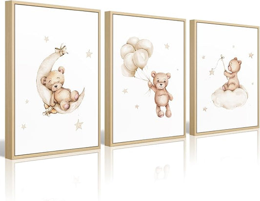 Baccone Bear Nursery Wall Art Decor Set of 3 Teddy Bear Canvas Wall Art Baby Boy Nursery Decor Prints Neutral Pictures Moon Star Cloud Print for Girls Children Room 12x16 Inch FRAMED