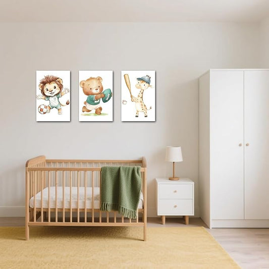 LZIMU Nursery Animal Canvas Wall Art 3 Pieces Cute Animal Baby Picture Prints Woodland Nursery Painting for Kids Boy Girls Room Decor Framed (Brown, 11x14inchx3 Pieces)
