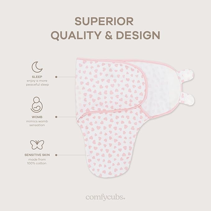 Comfy Cubs Easy Swaddle Blanket, 3 Pack - 100% Cotton Newborn Wrap, Large for 3-6 Months Infants, with Adjustable Velcro, Breathable and Durable Sleep Sack for Babies - Pink