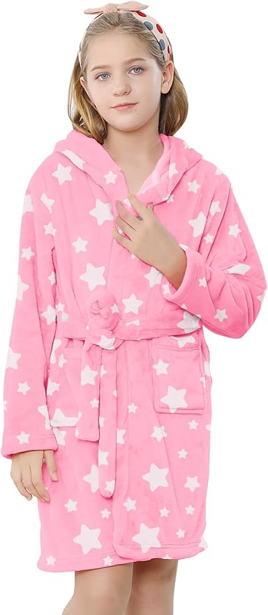 Umeyda Girls Fleece Hooded Robes, Warm Printed Bath Robe for Kids Soft Fuzzy Bathrobe for Gifts