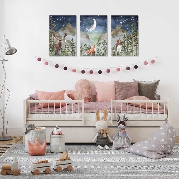 SKYSUKEY Boho Nursery Wall Decor, Wild Forest Kids Wall Art, Dark Blue Star Night Moon Netural Mountain Wall Art, Fairy Animals Nursery Decor, Nature Prints for Boy Girl, Set 3 Framed, 16"x24"