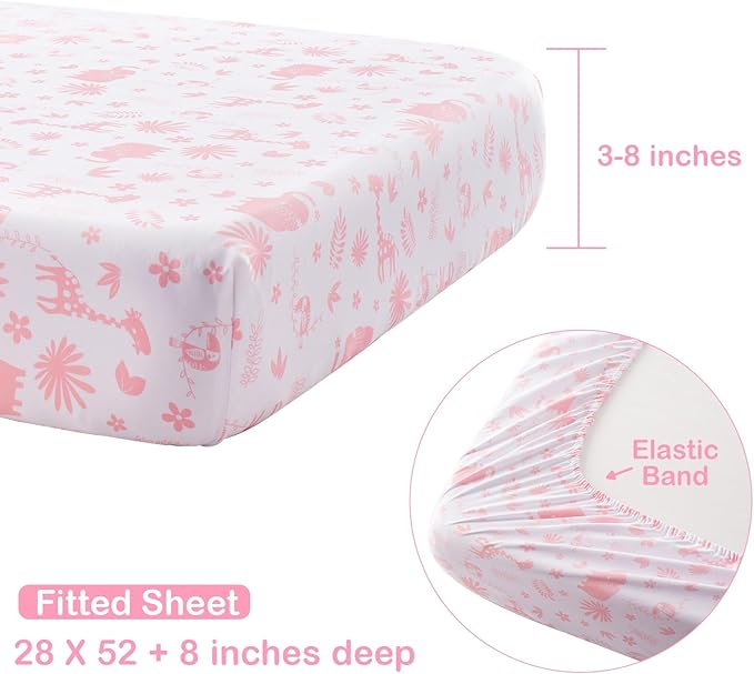 4-Piece Crib Bedding Set for Baby Boys Girls, Infant Toddler Nursery Baby Bedding Sets Includes Cartoon Quilt, Fitted Crib Sheet, Crib Skirt and Plush Giraffe Toy