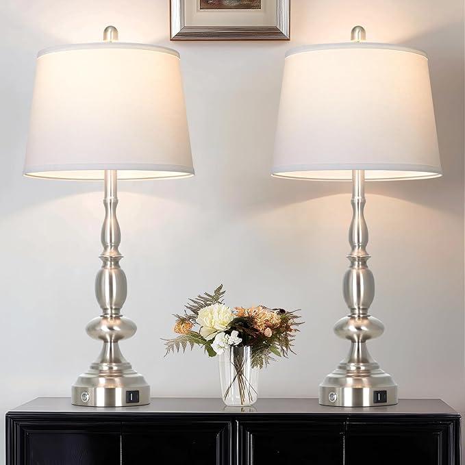 29" Tall Modern Table Lamps Set of 2, 3-Way Dimmable Touch Living Room Lamp with USB A+C Charging Port, Brushed Nickel Metal Farmhouse Bedside lamp for Bedroom Nightstand Side Table Desk Office Silver