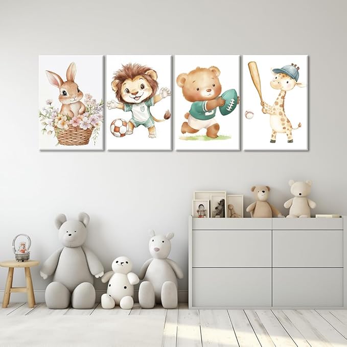Animal Canvas Wall Art 4 Piece Cute Rabbit Lion Bear Giraffe Picture Prints Watercolor Nursery Animals Paintings for Kids Room Bathroom Nursery Decor Framed(Animal-1,20.00" x 30.00" x 4Pcs)
