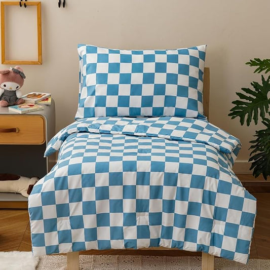 CLOTHKNOW 4 Pieces Plaid Toddler Bedding Sets for Boys Grils, Blue White Grid Pattern, Soft Crib Bed Set Including Comforter, Flat Sheet, Fitted Sheet and Pillowcase, Light Blue White
