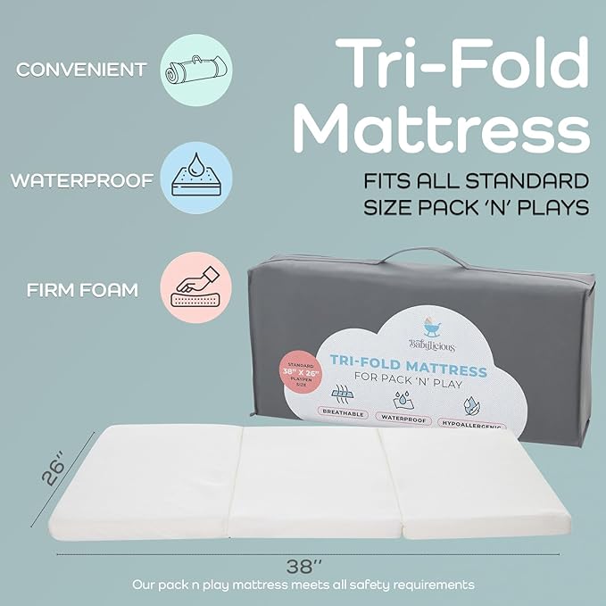 Babylicious Waterproof Pack and Play Mattress Topper | 38" x 26" x 1.5" | Trifold Style - Breathable Soft Plush Foam - Portable Mattress Topper - Baby Foam Mattresses for Babies
