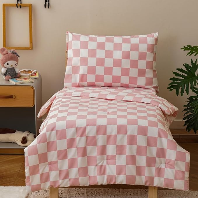 CLOTHKNOW Plaid Toddler Bedding Sets for Grils, 4 Pieces Pink White Grid Checkerboard Pattern, Soft Crib Bed Set Including Comforter, Flat Sheet, Fitted Sheet and Pillowcase, Pink White