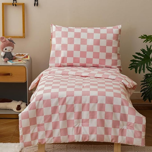 CLOTHKNOW Plaid Toddler Bedding Sets for Grils, 4 Pieces Pink White Grid Checkerboard Pattern, Soft Crib Bed Set Including Comforter, Flat Sheet, Fitted Sheet and Pillowcase, Pink White