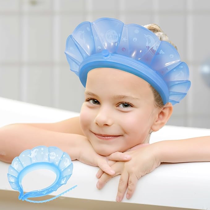 kair Baby Kids Shower Cap Soft Adjustable Silicone Toddler Bath Visor Children Hair Washing Hat Keep Kids Shield Water Out of Eyes & Ears (Blue, Head Size 17"-24" More Than 24 Months)
