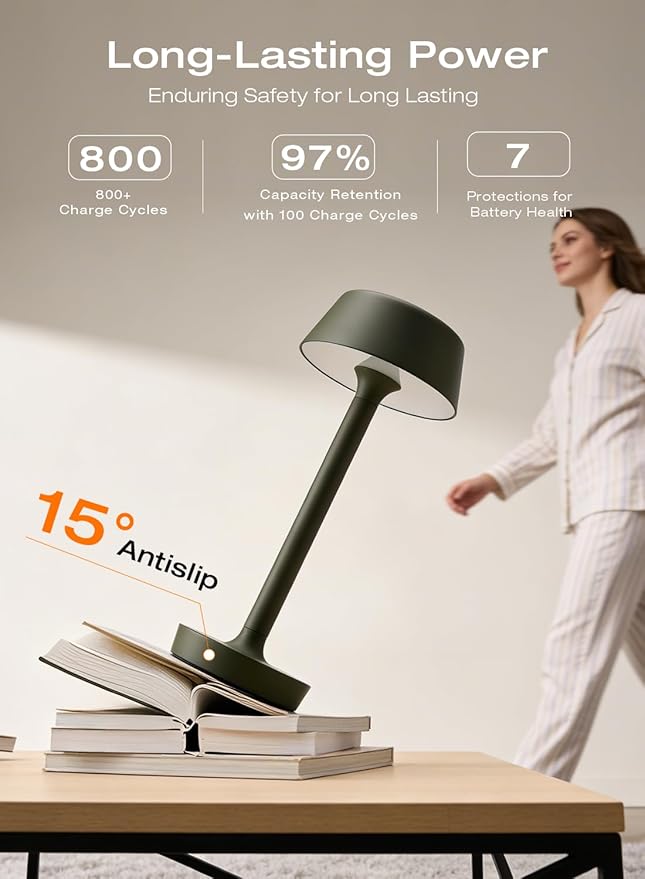 Light Worthy Cordless Rechargeable Table Lamp with Power Charger,Portable LED Desk Lamp,5000mAh Battery Operated,2700K-5700K Tunable,Stepless Dimming for Bedroom Bedside Touch Night Light,Green