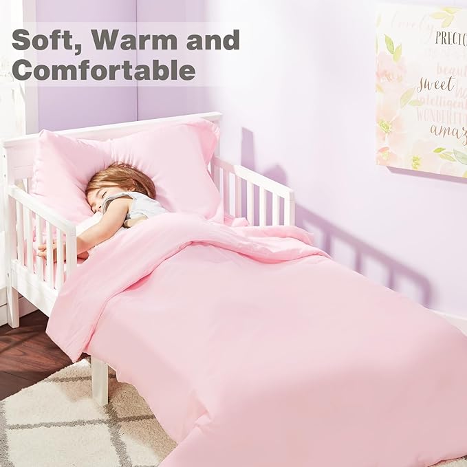EVERYDAY KIDS 4 Piece Toddler Bedding Set - Includes Comforter, Flat Sheet, Fitted Sheet and Reversible Pillowcase - Solid Pink