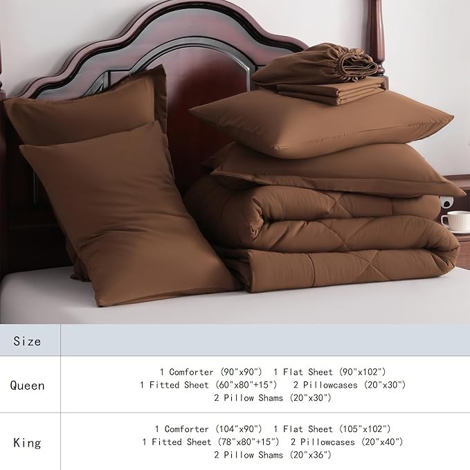 NTBAY Queen Comforter Set with Sheets, 7 Pieces Soft and Breathable Queen Bedding Set, Bed in a Bag, Down Alternative Comforter Set Solid Color All Season, Queen Bedding Set, Brown